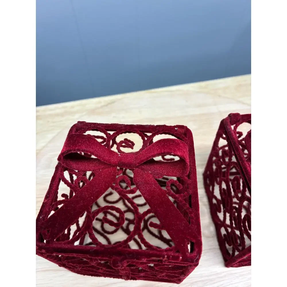 Pair of Red Velvet Gift Box Ornaments | Flocked Metal Filigree Boxes with Bows